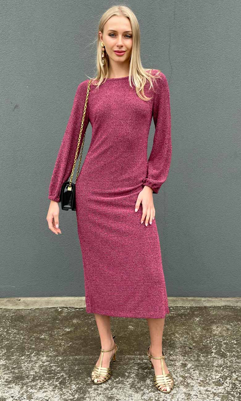 HOSS Glam Midi Dress - Raspberry - Image 4